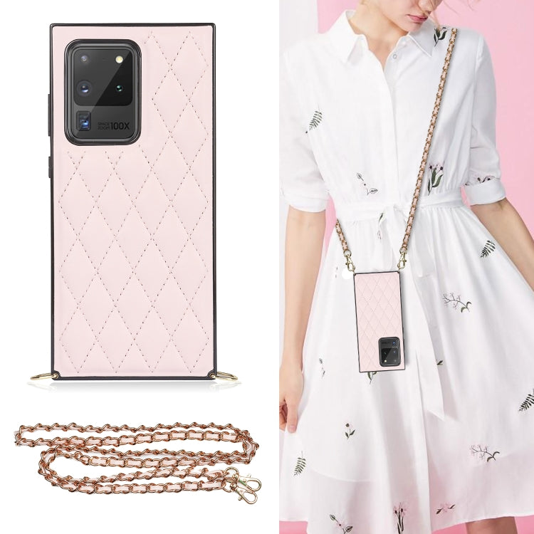 For Samsung Galaxy S20 Ultra Elegant Rhombic Pattern Microfiber Leather +TPU Shockproof Case with Crossbody Strap Chain(Pink) Eurekaonline