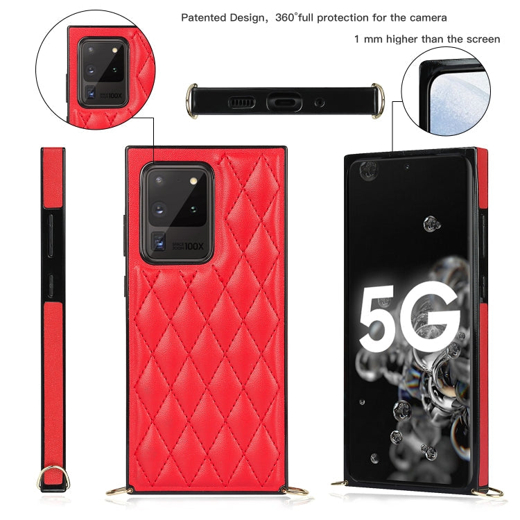 For Samsung Galaxy S20 Ultra Elegant Rhombic Pattern Microfiber Leather +TPU Shockproof Case with Crossbody Strap Chain(Red) Eurekaonline