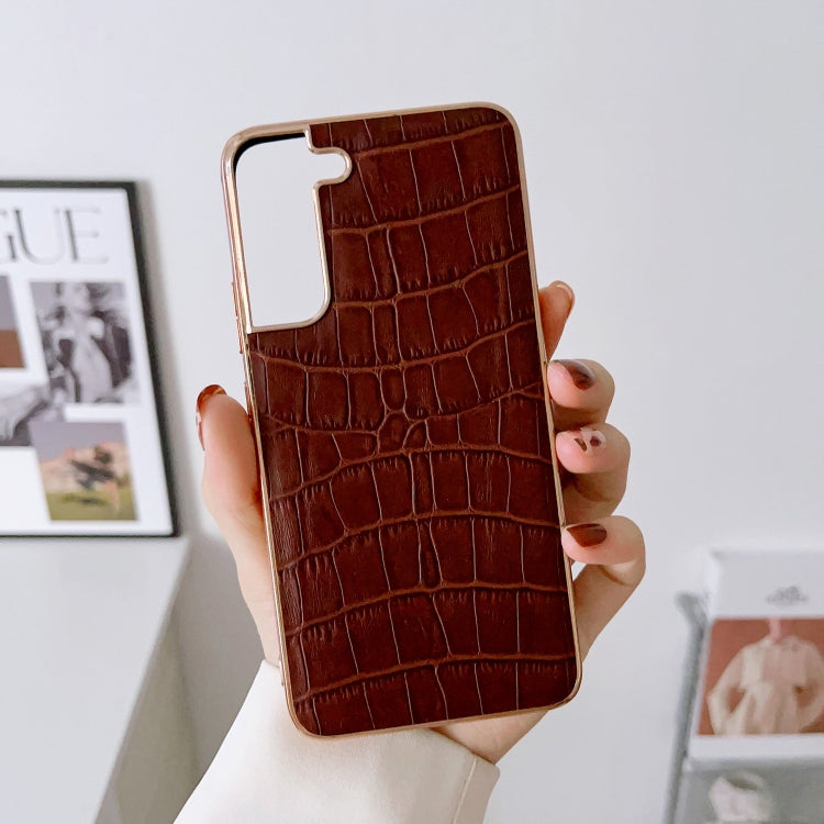 For Samsung Galaxy S21+ 5G Crocodile Texture Genuine Leather Electroplating Phone Case(Brown) Eurekaonline