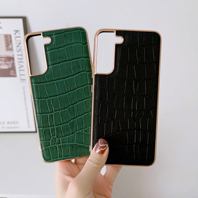 For Samsung Galaxy S21+ 5G Crocodile Texture Genuine Leather Electroplating Phone Case(Dark Green) Eurekaonline