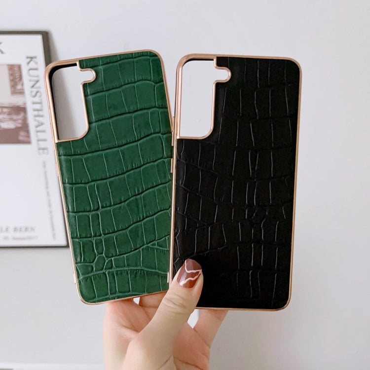 For Samsung Galaxy S21 5G Crocodile Texture Genuine Leather Electroplating Phone Case(Dark Green) Eurekaonline