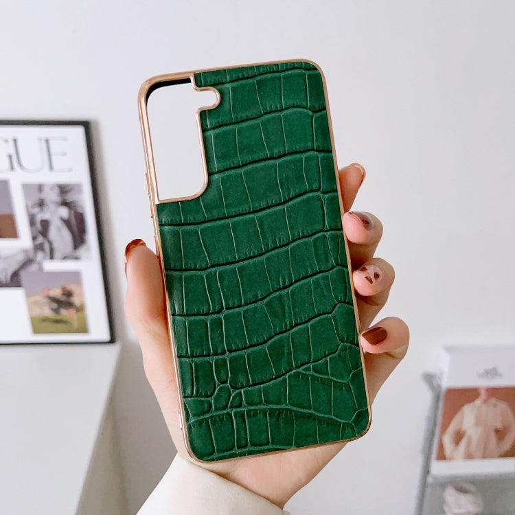 For Samsung Galaxy S21 5G Crocodile Texture Genuine Leather Electroplating Phone Case(Dark Green) Eurekaonline