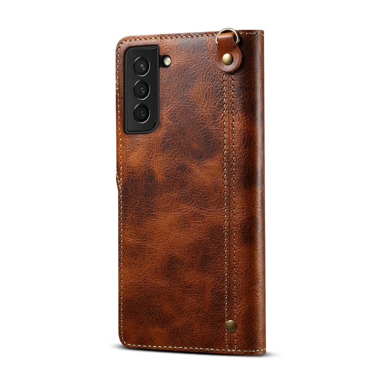 For Samsung Galaxy S21 5G Denior Oil Wax Cowhide Magnetic Button Genuine Leather Case(Brown) Eurekaonline
