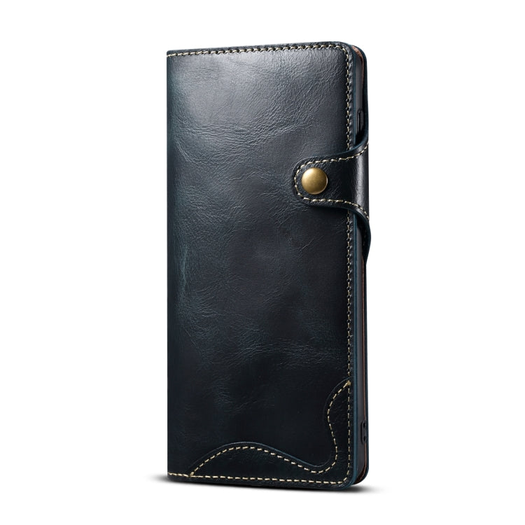 For Samsung Galaxy S21+ 5G Denior Oil Wax Cowhide Magnetic Button Genuine Leather Case(Dark Blue) Eurekaonline