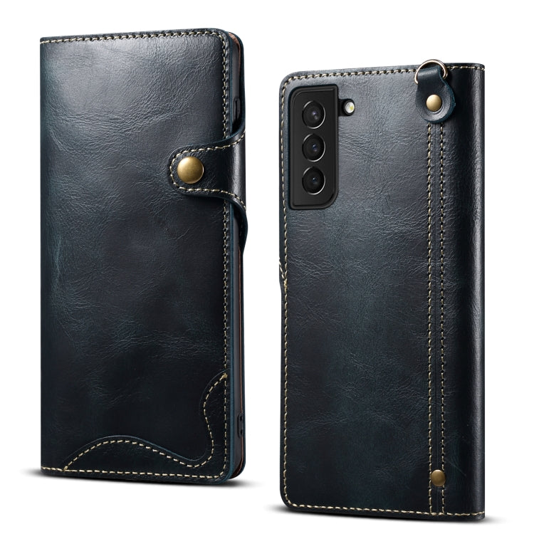 For Samsung Galaxy S21 5G Denior Oil Wax Cowhide Magnetic Button Genuine Leather Case(Dark Blue) Eurekaonline