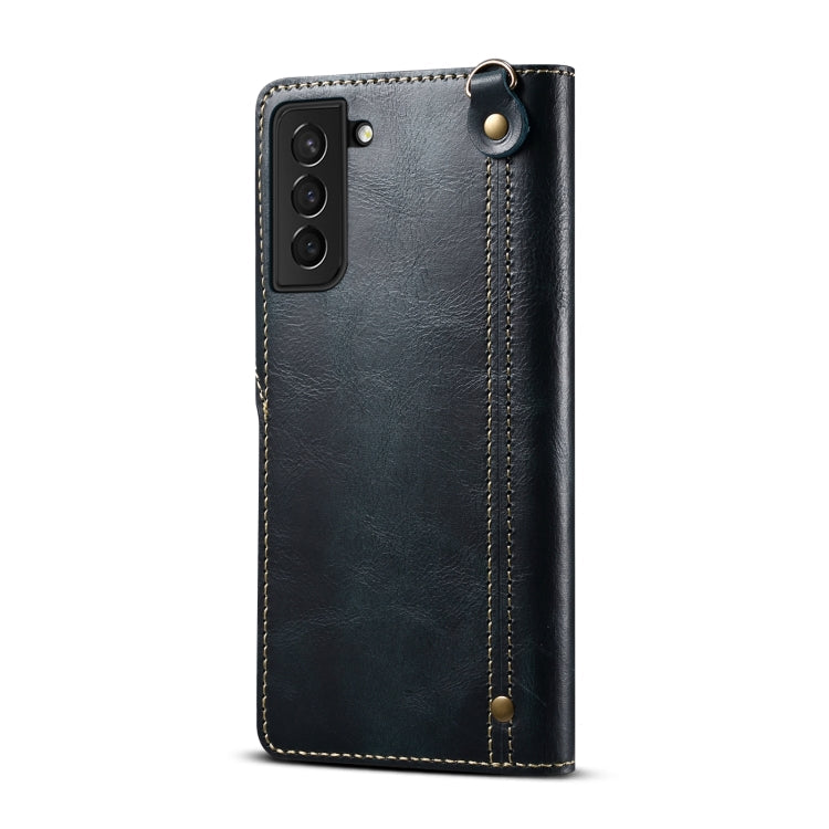 For Samsung Galaxy S21+ 5G Denior Oil Wax Cowhide Magnetic Button Genuine Leather Case(Dark Blue) Eurekaonline