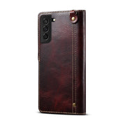 For Samsung Galaxy S21 5G Denior Oil Wax Cowhide Magnetic Button Genuine Leather Case(Dark Red) Eurekaonline