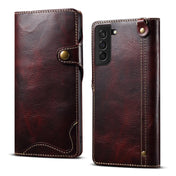For Samsung Galaxy S21 5G Denior Oil Wax Cowhide Magnetic Button Genuine Leather Case(Dark Red) Eurekaonline
