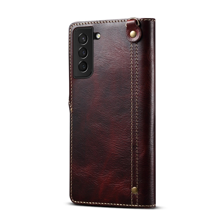 For Samsung Galaxy S21+ 5G Denior Oil Wax Cowhide Magnetic Button Genuine Leather Case(Dark Red) Eurekaonline