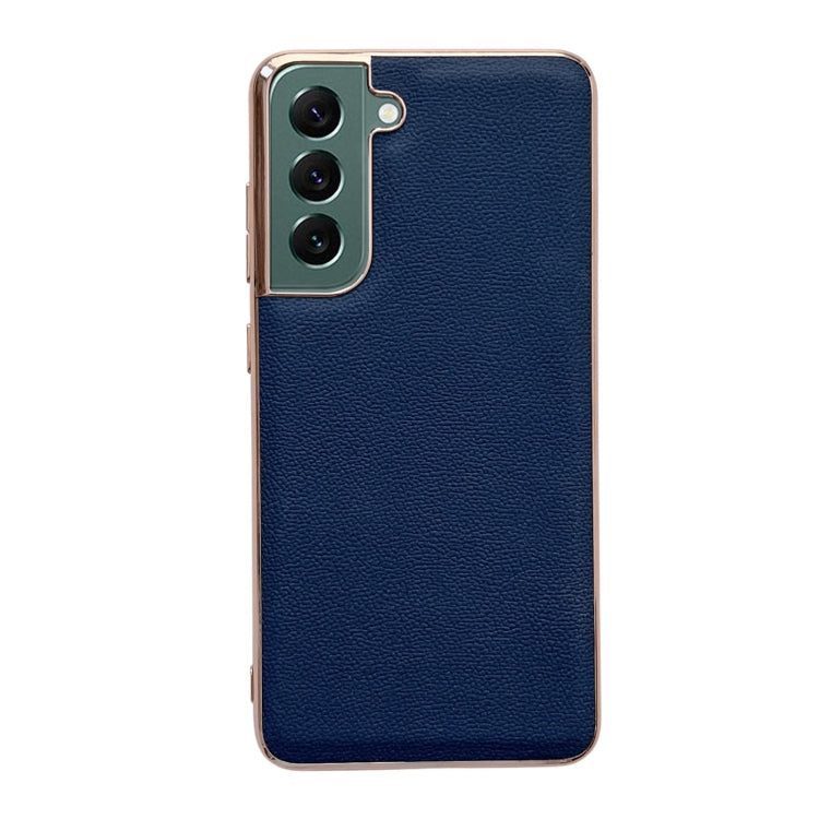 For Samsung Galaxy S21+ 5G Genuine Leather Luolai Series Nano Electroplating Phone Case(Dark Blue) Eurekaonline