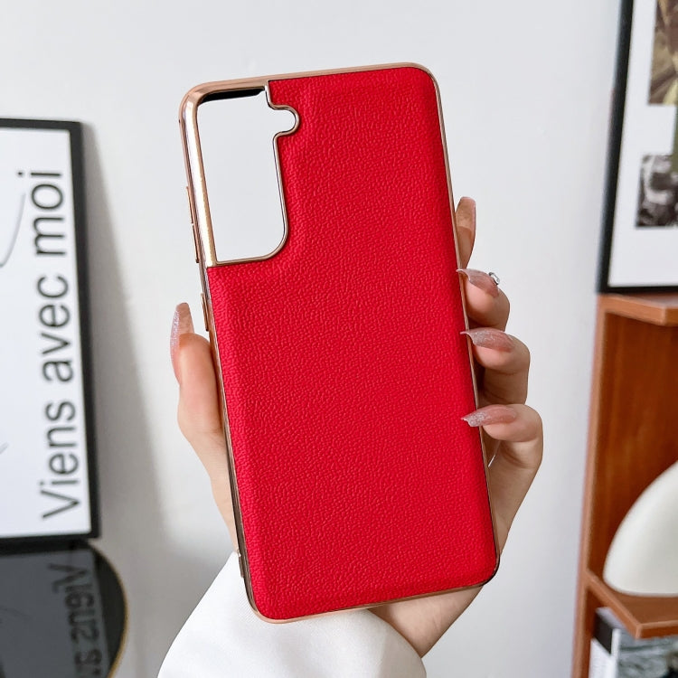 For Samsung Galaxy S21 5G Genuine Leather Luolai Series Nano Electroplating Phone Case(Red) Eurekaonline
