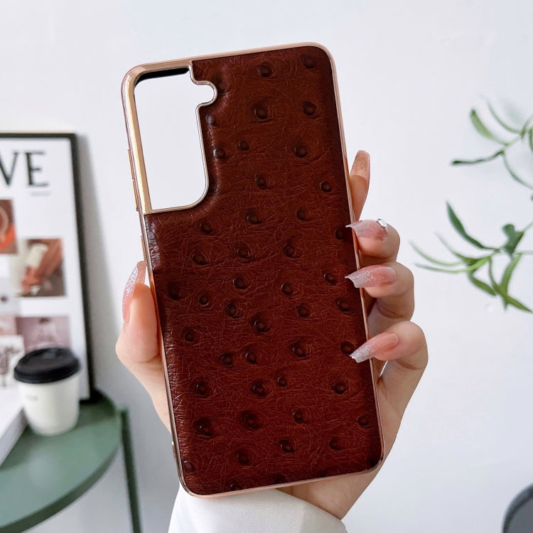 For Samsung Galaxy S21+ 5G Genuine Leather Ostrich Texture Series Nano Electroplating Phone Case(Brown) Eurekaonline