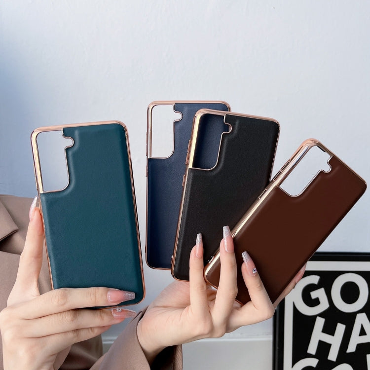 For Samsung Galaxy S21 5G Genuine Leather Xiaoya Series Nano Electroplating Phone Case(Coffee) Eurekaonline