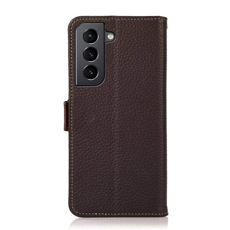 For Samsung Galaxy S21+ 5G KHAZNEH Side-Magnetic Litchi Genuine Leather RFID Phone Case(Brown) Eurekaonline