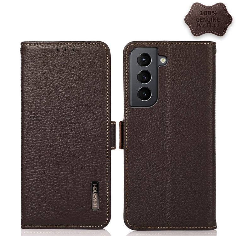 For Samsung Galaxy S21+ 5G KHAZNEH Side-Magnetic Litchi Genuine Leather RFID Phone Case(Brown) Eurekaonline