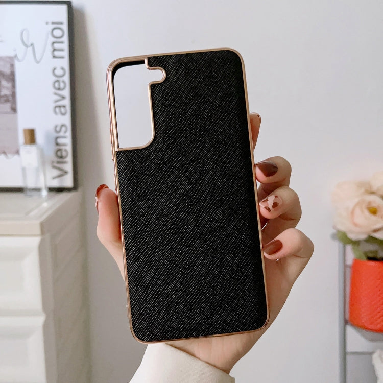 For Samsung Galaxy S21 5G Nano Electroplating Cross Texture Genuine Leather Phone Case(Black) Eurekaonline