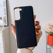 For Samsung Galaxy S21 5G Nano Electroplating Cross Texture Genuine Leather Phone Case(Blue) Eurekaonline