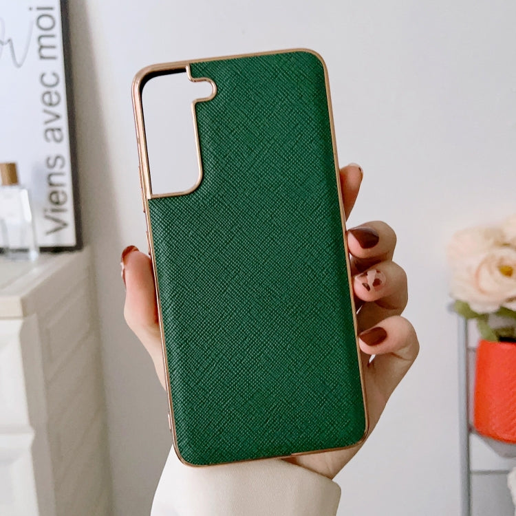 For Samsung Galaxy S21 5G Nano Electroplating Cross Texture Genuine Leather Phone Case(Green) Eurekaonline