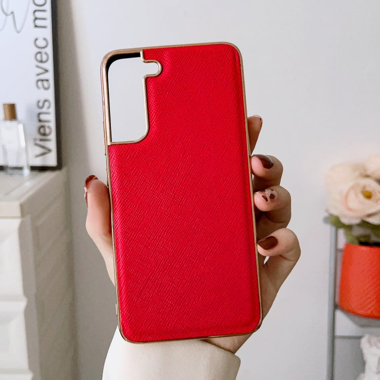 For Samsung Galaxy S21+ 5G Nano Electroplating Cross Texture Genuine Leather Phone Case(Red) Eurekaonline