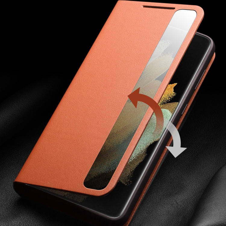 For Samsung Galaxy S21 5G QIALINO Genuine Leather Side Window View Smart Phone Case(Brown) Eurekaonline