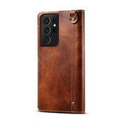 For Samsung Galaxy S21 Ultra 5G Denior Oil Wax Cowhide Magnetic Button Genuine Leather Case(Brown) Eurekaonline