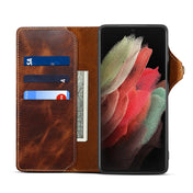 For Samsung Galaxy S21 Ultra 5G Denior Oil Wax Cowhide Magnetic Button Genuine Leather Case(Brown) Eurekaonline