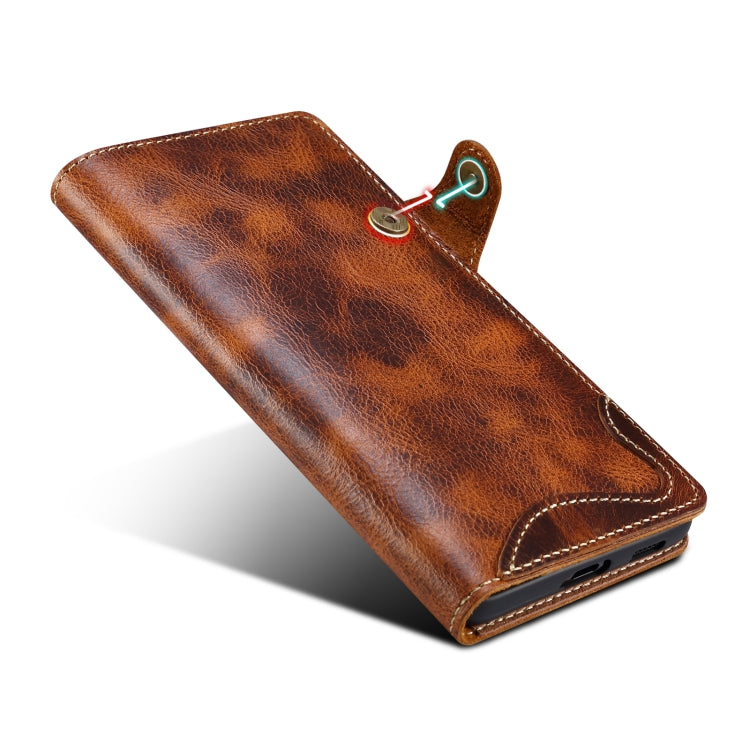 For Samsung Galaxy S21 Ultra 5G Denior Oil Wax Cowhide Magnetic Button Genuine Leather Case(Brown) Eurekaonline
