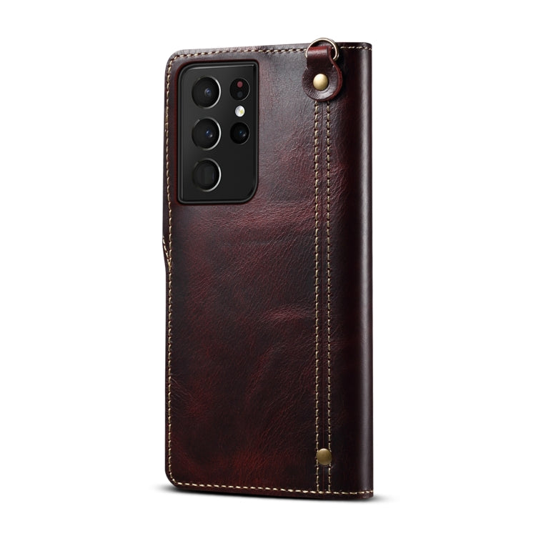 For Samsung Galaxy S21 Ultra 5G Denior Oil Wax Cowhide Magnetic Button Genuine Leather Case(Dark Red) Eurekaonline