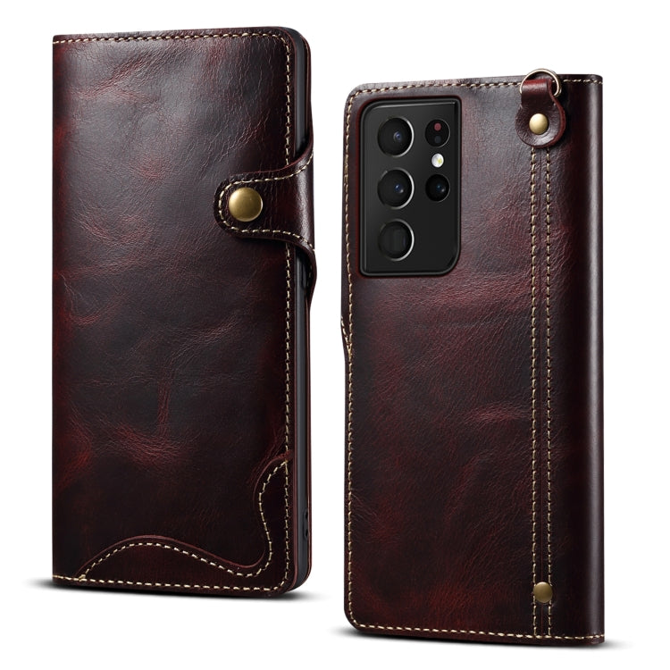 For Samsung Galaxy S21 Ultra 5G Denior Oil Wax Cowhide Magnetic Button Genuine Leather Case(Dark Red) Eurekaonline