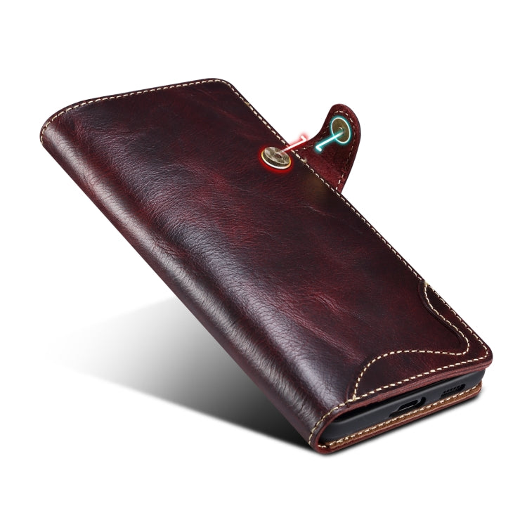 For Samsung Galaxy S21 Ultra 5G Denior Oil Wax Cowhide Magnetic Button Genuine Leather Case(Dark Red) Eurekaonline