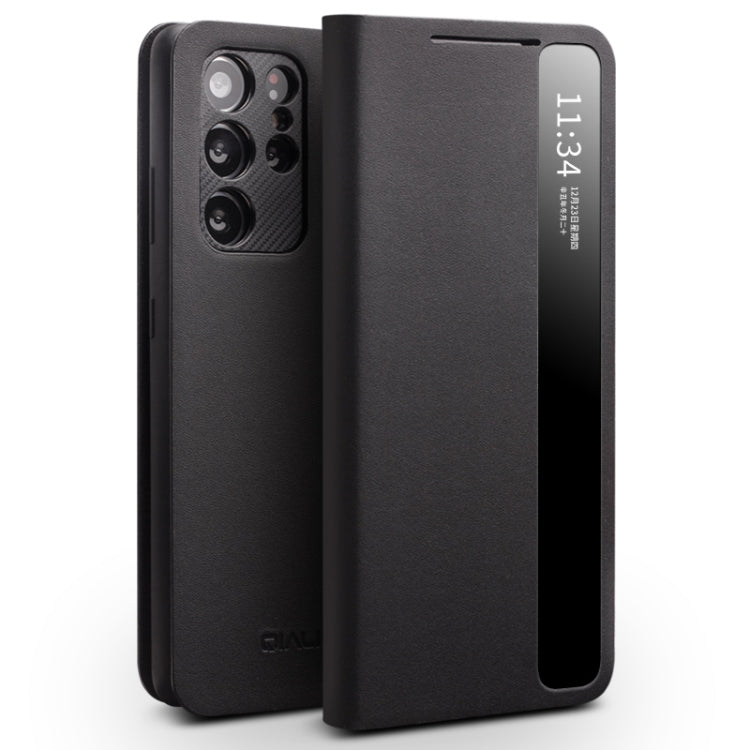 For Samsung Galaxy S21 Ultra 5G QIALINO Genuine Leather Side Window View Smart Phone Case(Black) Eurekaonline
