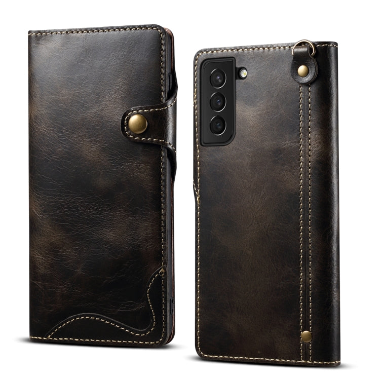 For Samsung Galaxy S22 5G Denior Oil Wax Cowhide Magnetic Button Genuine Leather Case(Black) Eurekaonline