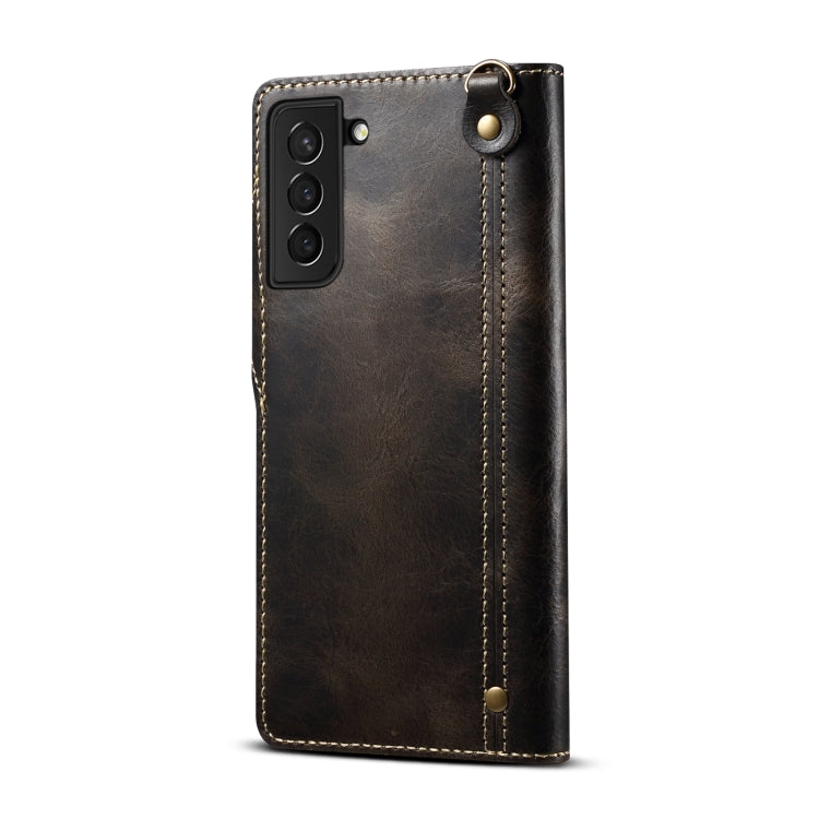 For Samsung Galaxy S22+ 5G Denior Oil Wax Cowhide Magnetic Button Genuine Leather Case(Black) Eurekaonline