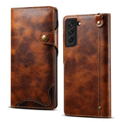 For Samsung Galaxy S22 5G Denior Oil Wax Cowhide Magnetic Button Genuine Leather Case(Brown) Eurekaonline