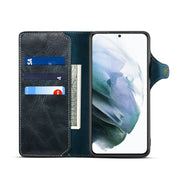 For Samsung Galaxy S22+ 5G Denior Oil Wax Cowhide Magnetic Button Genuine Leather Case(Dark Blue) Eurekaonline