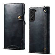 For Samsung Galaxy S22+ 5G Denior Oil Wax Cowhide Magnetic Button Genuine Leather Case(Dark Blue) Eurekaonline