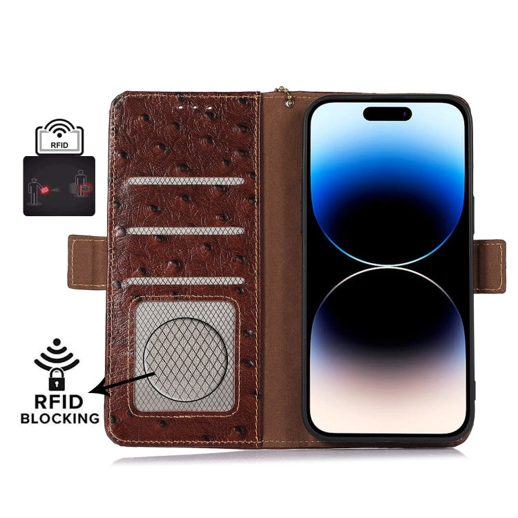 For Samsung Galaxy S22 5G Ostrich Pattern Genuine Leather RFID Phone Case(Coffee) Eurekaonline