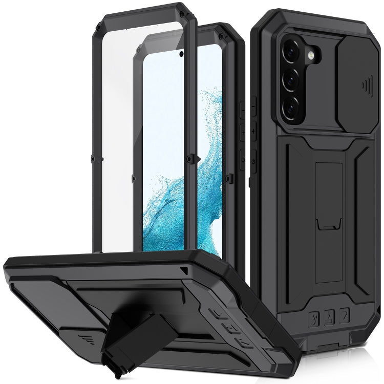 For Samsung Galaxy S22 5G R-JUST Sliding Camera Metal + Silicone Holder Phone Case(Black) Eurekaonline