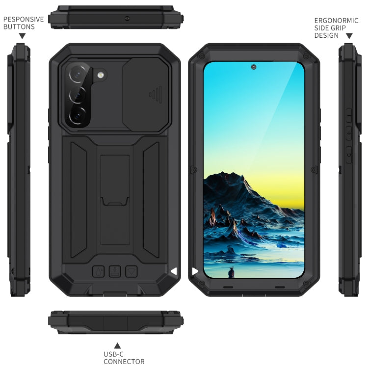 For Samsung Galaxy S22+ 5G R-JUST Sliding Camera Metal + Silicone Holder Phone Case(Black) Eurekaonline