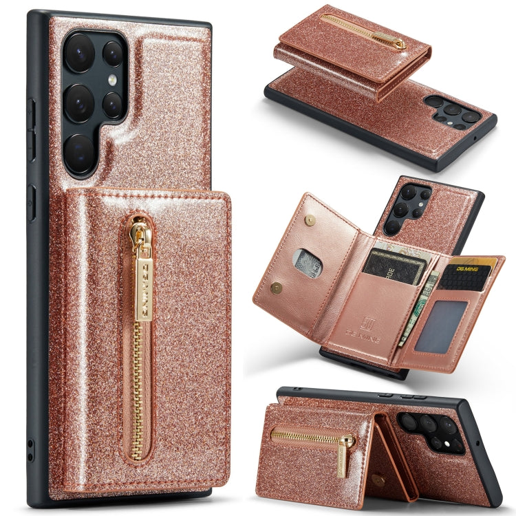 For Samsung Galaxy S22 Ultra 5G DG.MING M3 Series Glitter Powder Card Bag Leather Case(Rose Gold) Eurekaonline