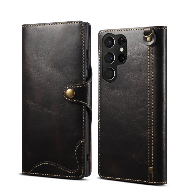 For Samsung Galaxy S22 Ultra 5G Denior Oil Wax Cowhide Magnetic Button Genuine Leather Case(Black) Eurekaonline