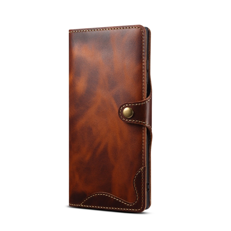 For Samsung Galaxy S22 Ultra 5G Denior Oil Wax Cowhide Magnetic Button Genuine Leather Case(Brown) Eurekaonline