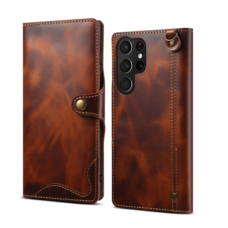 For Samsung Galaxy S22 Ultra 5G Denior Oil Wax Cowhide Magnetic Button Genuine Leather Case(Brown) Eurekaonline