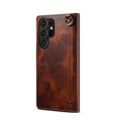 For Samsung Galaxy S22 Ultra 5G Denior Oil Wax Cowhide Magnetic Button Genuine Leather Case(Brown) Eurekaonline