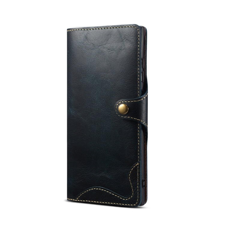 For Samsung Galaxy S22 Ultra 5G Denior Oil Wax Cowhide Magnetic Button Genuine Leather Case(Dark Blue) Eurekaonline