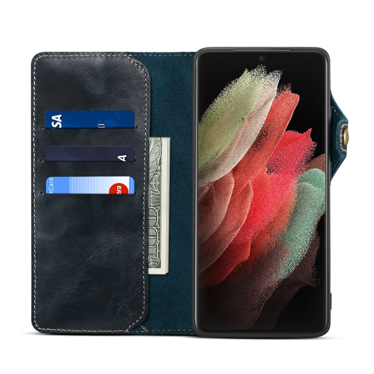 For Samsung Galaxy S22 Ultra 5G Denior Oil Wax Cowhide Magnetic Button Genuine Leather Case(Dark Blue) Eurekaonline