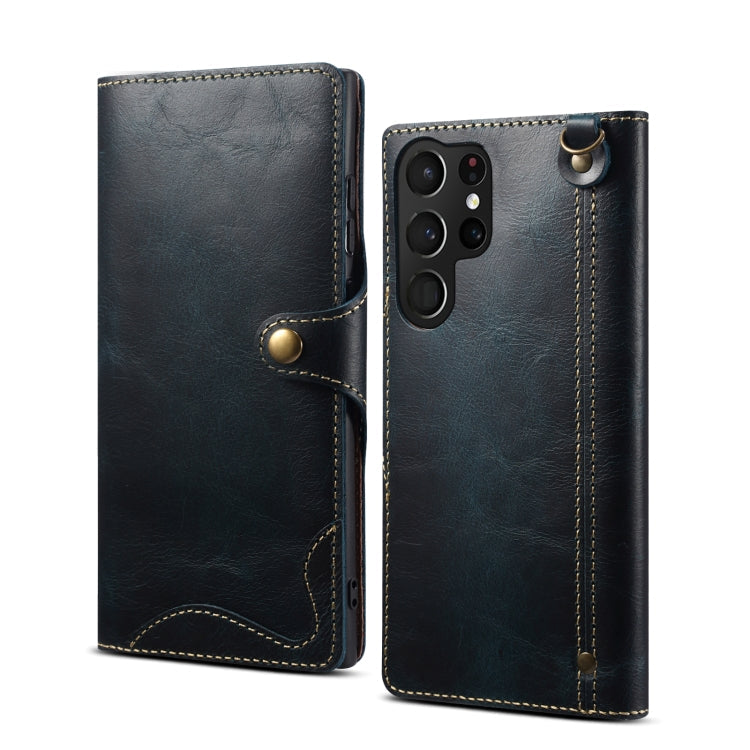 For Samsung Galaxy S22 Ultra 5G Denior Oil Wax Cowhide Magnetic Button Genuine Leather Case(Dark Blue) Eurekaonline