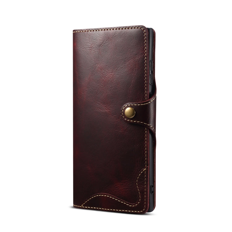 For Samsung Galaxy S22 Ultra 5G Denior Oil Wax Cowhide Magnetic Button Genuine Leather Case(Dark Red) Eurekaonline