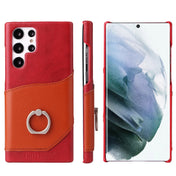 For Samsung Galaxy S22 Ultra 5G Fierre Shann Oil Wax Texture Genuine Leather Back Phone Case with 360 Degree Rotation Holder & Card Slot(Red) Eurekaonline
