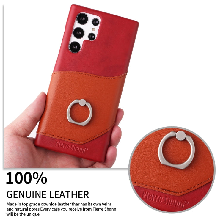 For Samsung Galaxy S22 Ultra 5G Fierre Shann Oil Wax Texture Genuine Leather Back Phone Case with 360 Degree Rotation Holder & Card Slot(Red) Eurekaonline